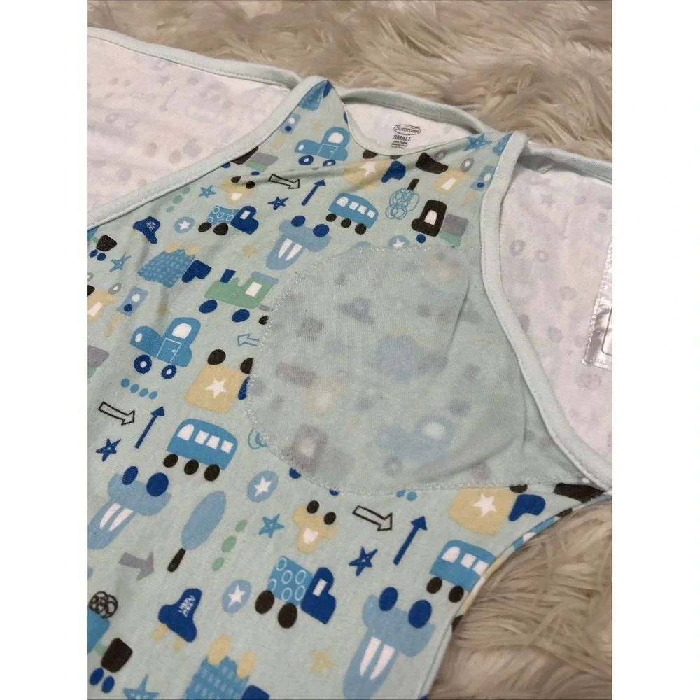 Swaddle Me Summer Blue Boys Trucks Cars Train Baby Snuggle Sleep Sack Size Small